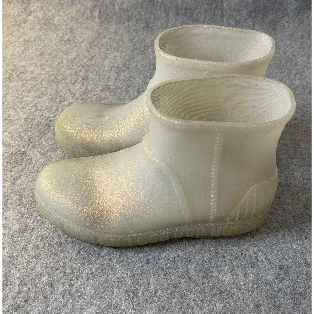 UGG Kids Drizlita Glitter Rain Boots Waterproof Translucent White Sparkle Sz 2